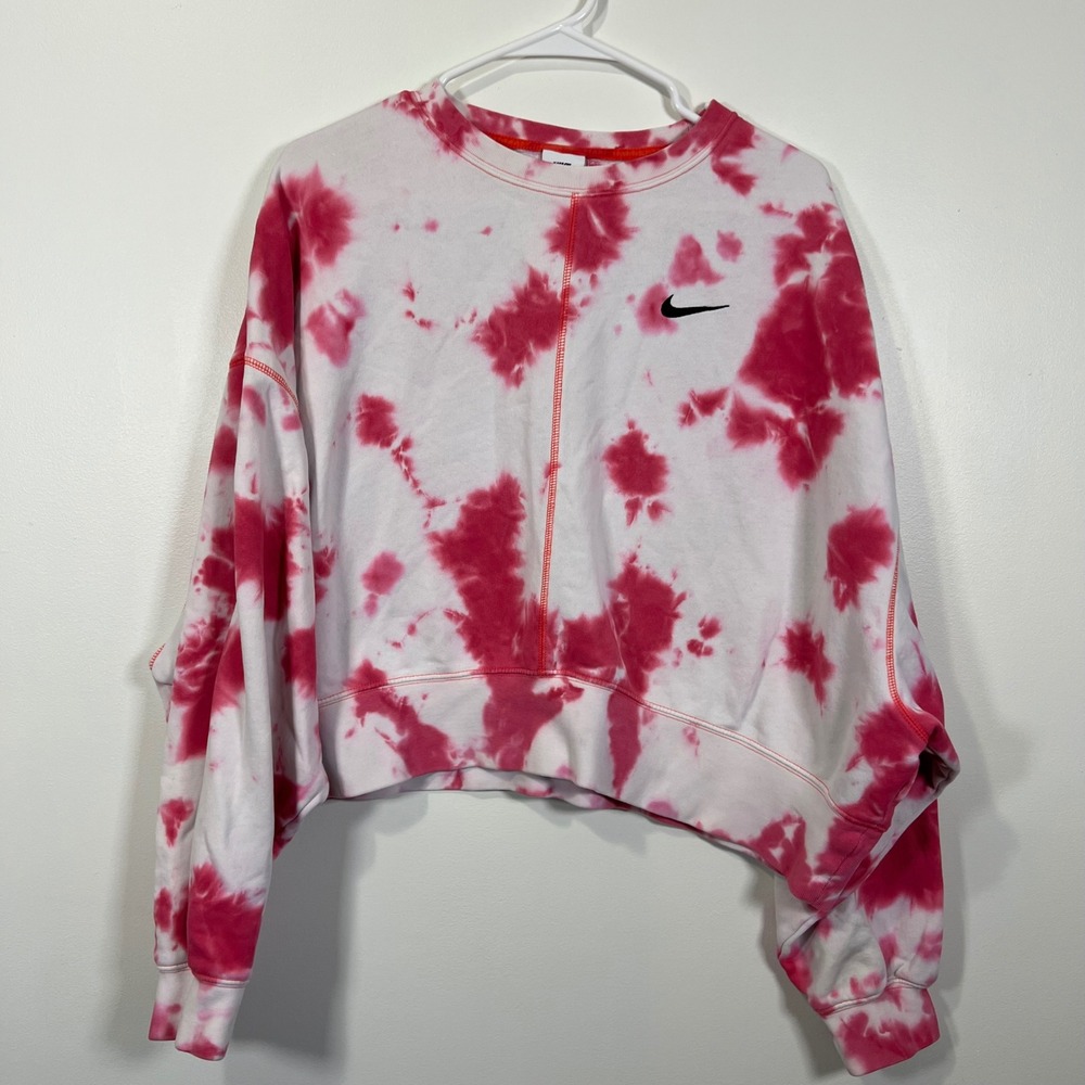 Nike Womens Tie Dye Cropped Fleece Sweatshirt Pink White Swoosh Medium